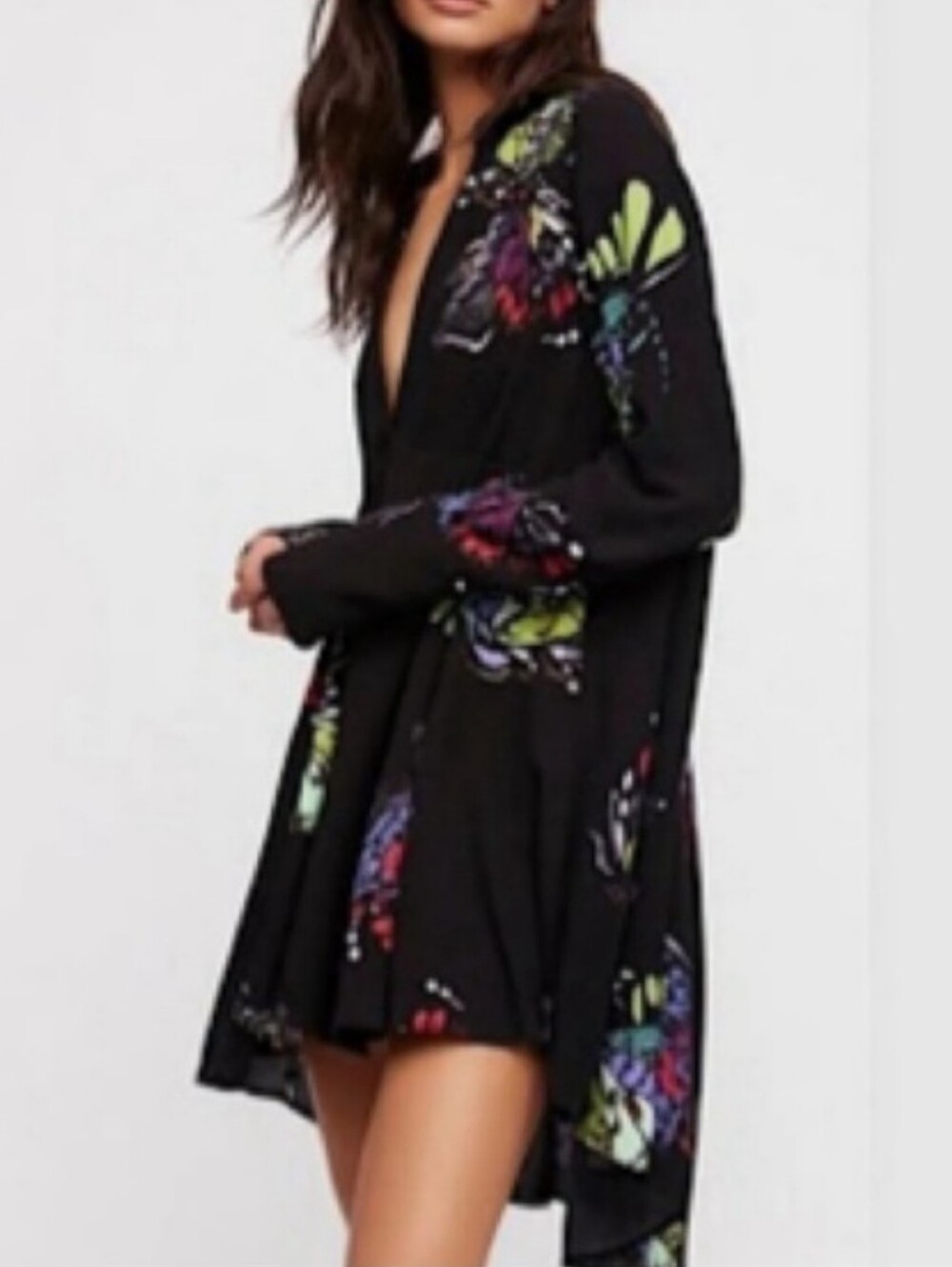 New With Tag Free People Black Combo Butterfly  Longsleeve Pullover Dress Size L
